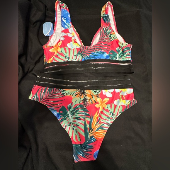 Hilinker Tropical Bikini VNeck👙 Mesh Trim Swimsuit Womens NWT - Picture 3 of 6